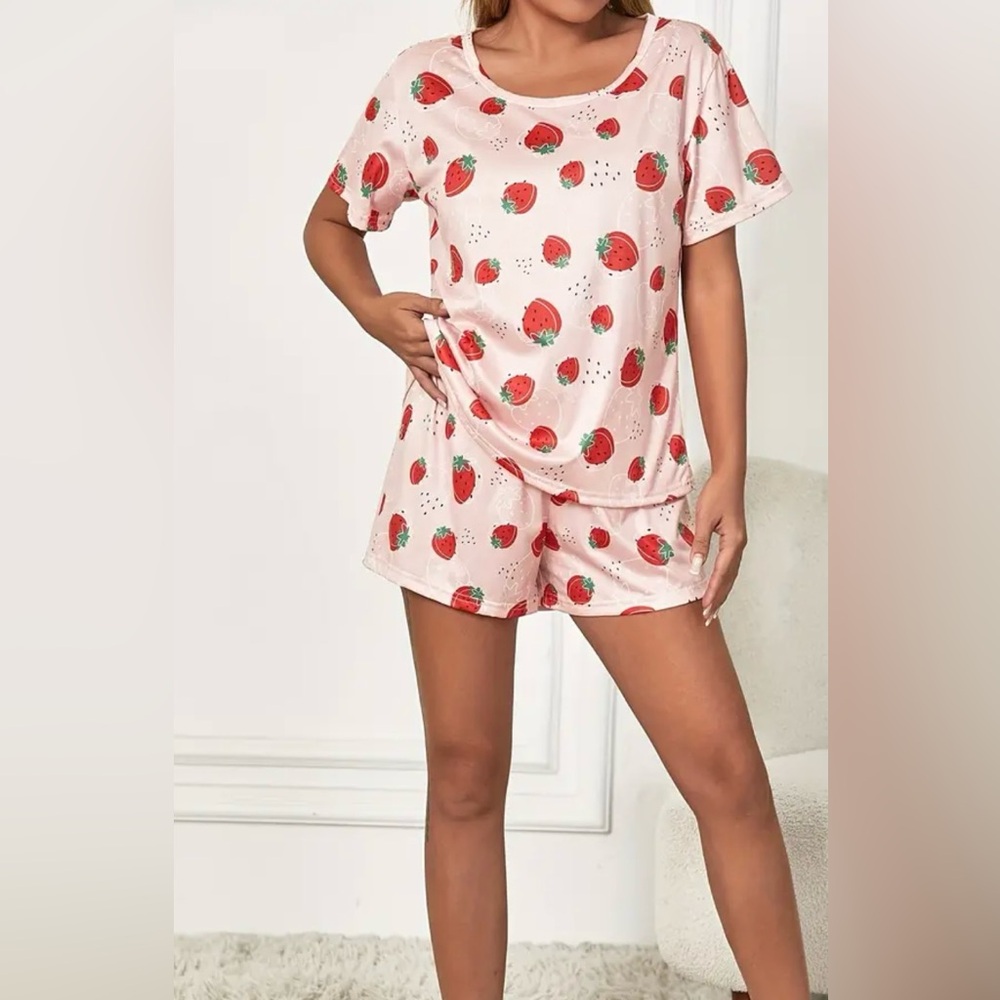Matching Lounge Pajama Short Set Pink with Strawberries